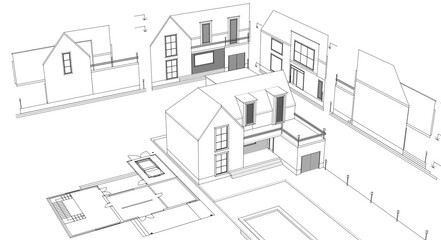 house architectural project sketch 3d illustration	