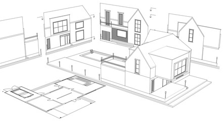 house architectural project sketch 3d illustration	