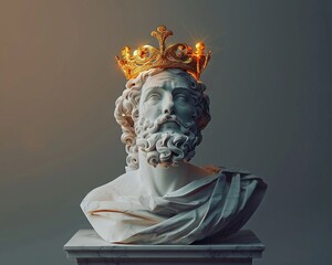 marble statue of king with golden crown floating above it, hyper realistic photography neon - obrazy, fototapety, plakaty