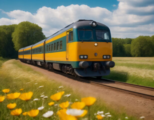Obraz premium Train moving among flower meadows on a bright sunny day.