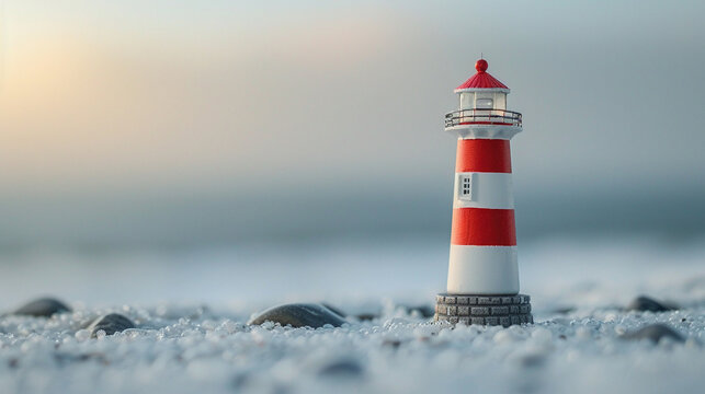 A miniature lighthouse figurine painted in bold stripes of red and white