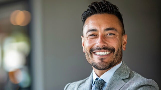 Professional Hispanic Job Candidate Man in Grey Suit Smiling
