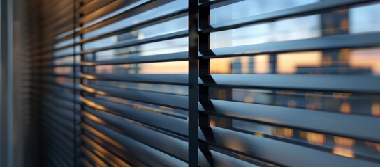 wooden blinds with diagonal stripes of black fabric, in an office environment, closeup shot Generative AI