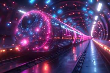 The Future of Rapid Transit: Low Poly Wireframe Model of a High-Speed Train with Connected Dots and Meshed Color Scheme in Blue and Purple, Denoting Modern Technology and Advanced Transportation Solut