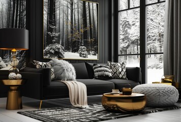 A black and white living room with modern furniture, gold accents, winter landscape outside the...