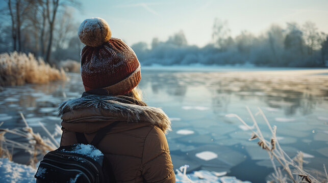 A peaceful image of a woman by a frozen lake the back button focus highlighting the crisp whites and icy blues