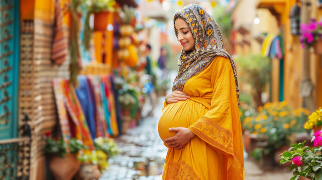 A Moroccan woman in her third trimester adorned in a yellow caftan
