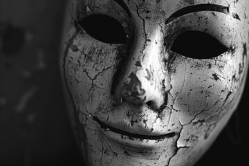 A mask with a smiling facade while behind it - obrazy, fototapety, plakaty