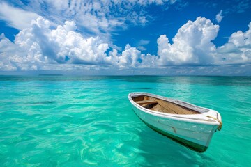 Caribbean beach with turquoise waters with a white boat