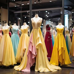 Numerous elegant pink, white, and yellow formal bras and evening dresses are available for sale at a luxury modern boutique, offering prom gowns, wedding attire, and eveningwear, along with bra dress  - obrazy, fototapety, plakaty