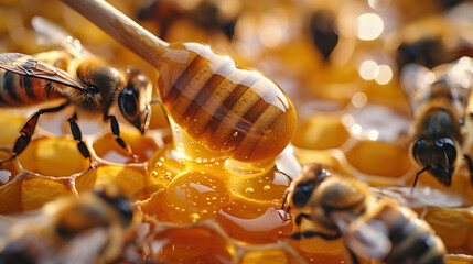 Bees On Honeycomb With Honey Dipper Background - obrazy, fototapety, plakaty
