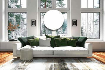 A bright and airy living room with white walls, wooden flooring, and large windows showcasing the winter snow outside