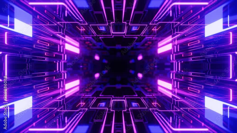 Poster 4k seamless looped animation. fly through mirror symmetrical tunnel with neon pattern, sci fi glow p