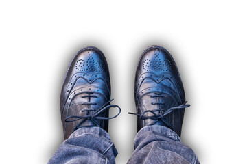 Looking down at foot and legs with black leather derby shoes seen from above isolated on transprent background, png file - 769886042
