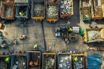 Overhead view of workers in a factory sorting various materials for processing at a recycling facility