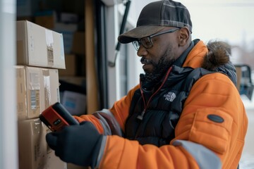 A delivery driver in an orange jacket is looking at a box, scanning it for delivery using a handheld device - Powered by Adobe