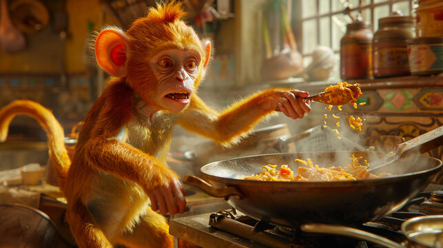 A playful orange monkey chef in a lively kitchen