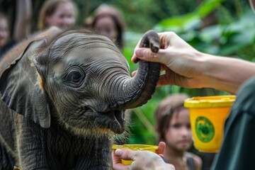 A man, a Greenpeace volunteer, handfeeds an orphaned baby elephant at a wildlife rehabilitation center - obrazy, fototapety, plakaty
