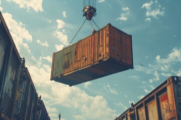 A commercial photo capturing a crane in action, lifting a shipping container onto a freight train, showcasing efficient intermodal transportation