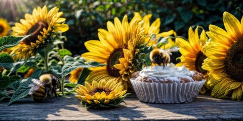   A cupcake atop a wooden table alongside sunflowers and a bee - obrazy, fototapety, plakaty