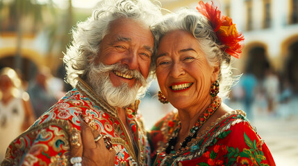 A portrait of a joyful senior couple from Italy strolling through a vineyard