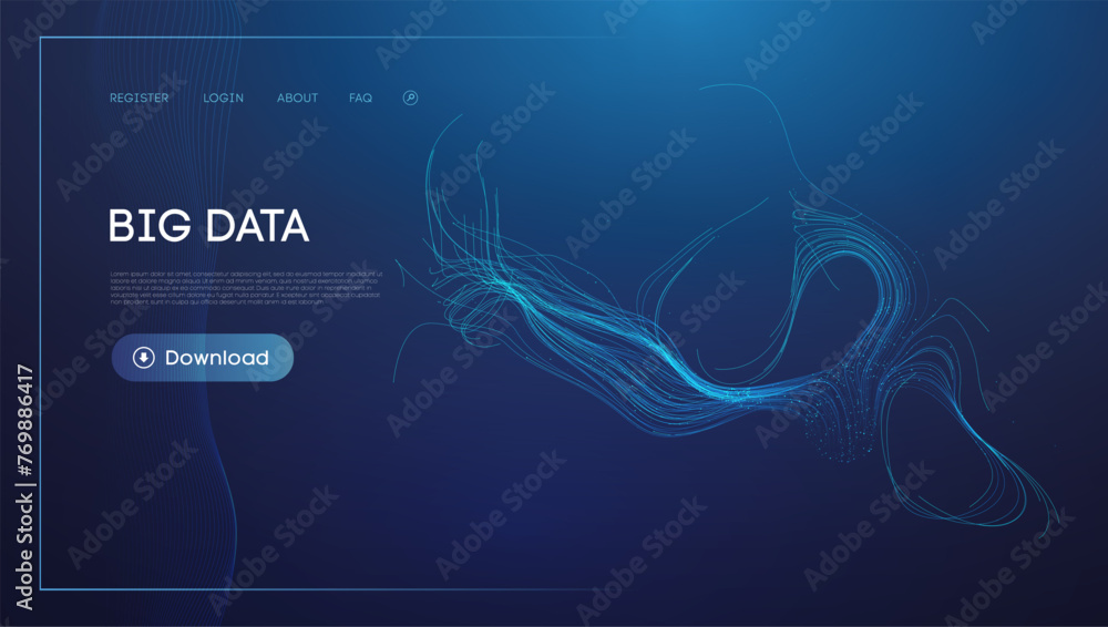 Poster abstract data stream visualization in blue with flowing lines