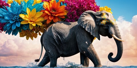   An elephant stands in water holding a bouquet of flowers in its trunk