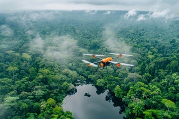 Fototapeta na wymiar A small plane flies over a dense, green forest, possibly surveying the area for environmental monitoring purposes or wildlife protection