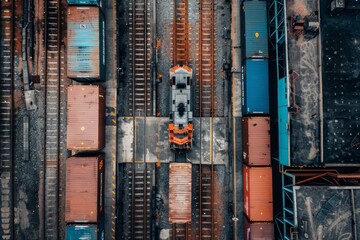 Overhead shot of a freight train navigating through a railway yard, showcasing rail logistics and transportation in action