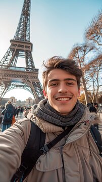 Man Taking Selfie in Front of Eiffel Tower