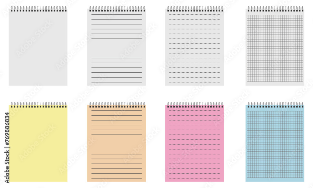 Poster realistic notebooks sheets set. blank lined, checkered and dots paper binder page for memo pads . is