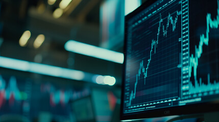 Market Analysis. A close-up view of a computer monitor displaying live stock market data in the form of candlestick charts, situated in a trading floor environment.