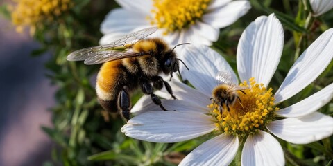   A bee perched atop a white blossom adjacent to another yellow and white bee on the same white flower