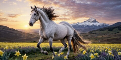   A white horse gallops through a field of daffodils with mountains in the background, under the bright sun filtering through the clouds - obrazy, fototapety, plakaty