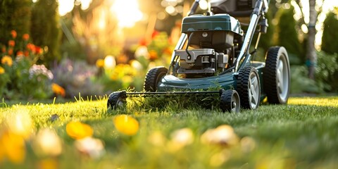 Close-up Shot of a Green Lawn Mower in Action on a Well-Kept Lawn. Concept Gardening Equipment, Landscaping, Lawn Care, Yard Maintenance, Outdoor Activities - obrazy, fototapety, plakaty