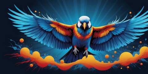  Blue-orange bird with outstretched wings against blue backdrop featuring orange and yellow bubbles - obrazy, fototapety, plakaty