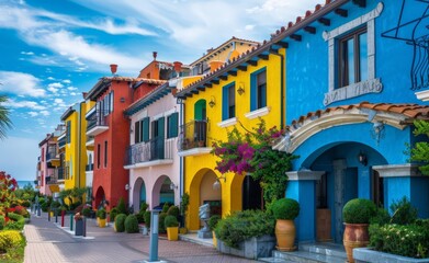 Colorful houses on the coast of Europe, in the style of Italian landscapes 