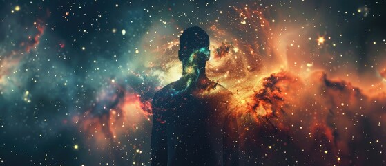 A digital illustration of a human silhouette filled with a galaxy symbolizing the infinite potential within each person - obrazy, fototapety, plakaty