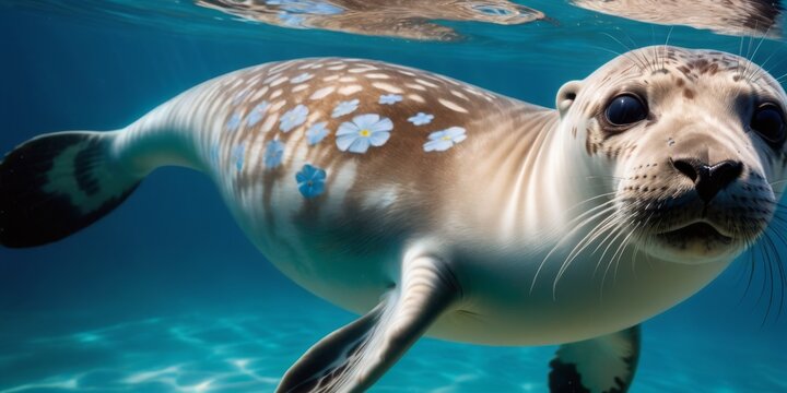   A close-up of a seal in water with a flower painted on its face and a background of water