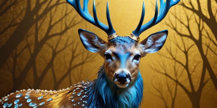  A painting depicts a deer wearing a blue antler crown and a gold crown on its head