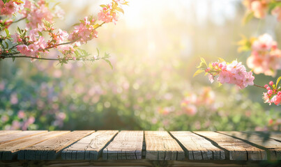 Naklejka na ściany i meble The spring bloom an empty wooden table offers ideal copy space for a banner against a backdrop of natures bokeh