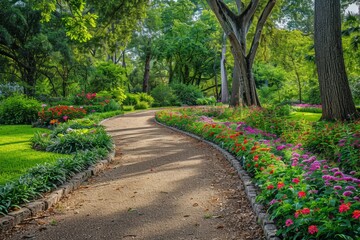 A pathway in a botanical park surrounded by colorful flower beds and towering trees