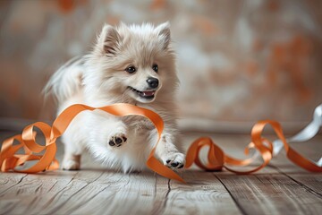 A playful image of a pet with a ribbon humorously presented as a gift - obrazy, fototapety, plakaty