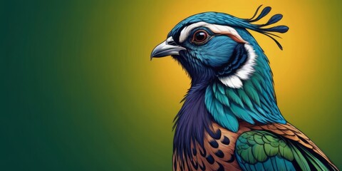 Obraz premium Colorful bird on a green-yellow backdrop with a blue-white one on its head