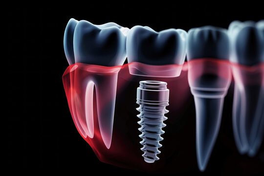 X-ray image of dental implant, screwed tooth, teeth, illustration