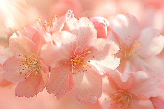 A detailed view of a bunch of pink cherry blossoms in full bloom, with soft sunlight shining through the petals