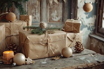 A vintage-inspired scene of gifts wrapped in brown paper and string alongside old-fashioned decorations