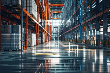 A large warehouse filled with rows of shelves housing various goods, with workers using automated storage and retrieval systems to store and retrieve items - obrazy, fototapety, plakaty