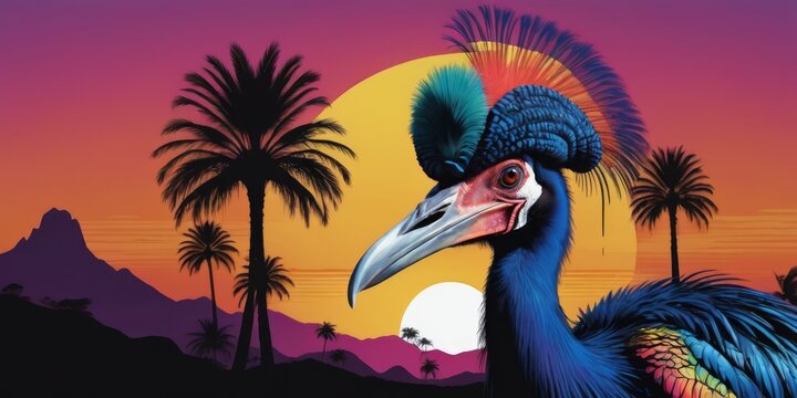   A painting depicts a bird amidst palm trees, with a full moon behind it