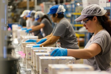 A group of workers in a factory are seen packaging products, an essential step in the supply chain process - obrazy, fototapety, plakaty